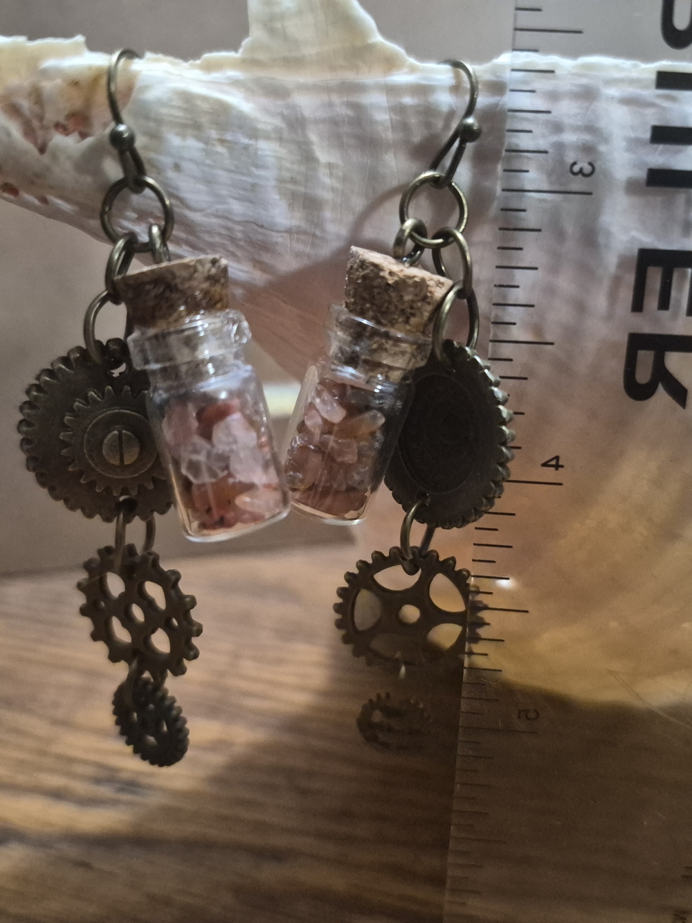 Handcrafted Steampunk Gear Earrings with South Red Agate Vial
